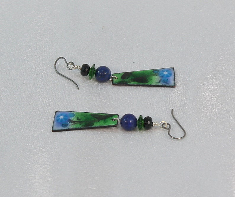 Enameled Earrings Green And Blue Enamel Earring Dangle Lapis Black Onyx Blue and Green