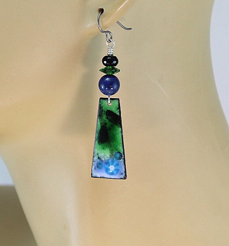 Enameled Earrings Green And Blue Enamel Earring Dangle Lapis Black Onyx Blue and Green