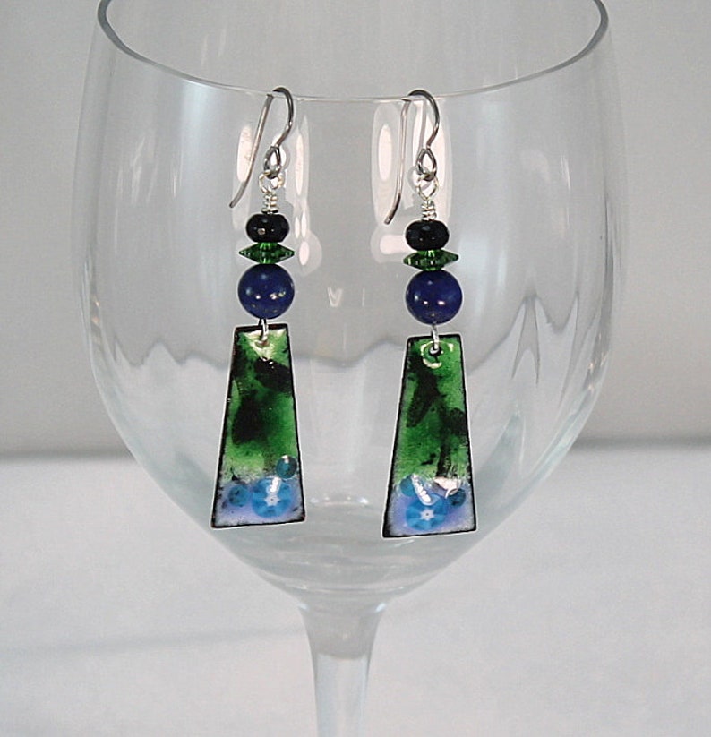 Enameled Earrings Green And Blue Enamel Earring Dangle Lapis Black Onyx Blue and Green