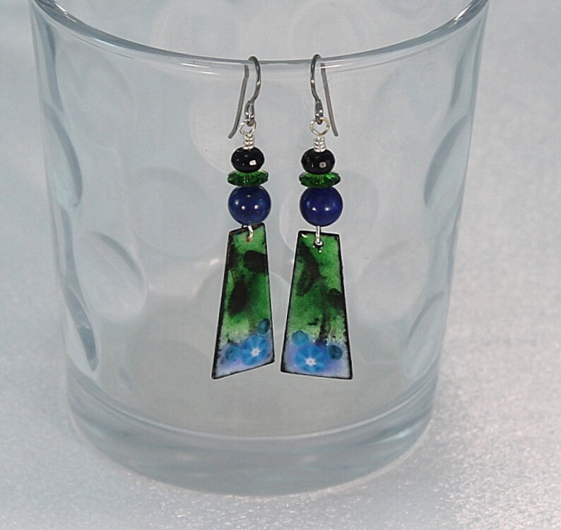 Enameled Earrings Green And Blue Enamel Earring Dangle Lapis Black Onyx Blue and Green