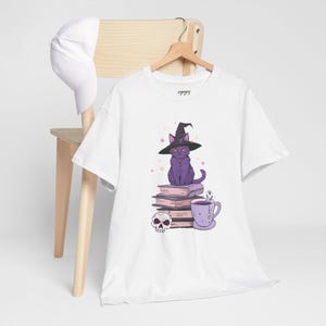 Cat Witch Shirt Womens Heavy Cotton T-Shirt Halloween Graphic Tee Witchy Black Cat Top Spooky Season Creepy Cute Fall Outfit Wicca Aesthetic