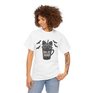 Boo Jee Mama Halloween T-Shirt Cute Coffee Shirt for Moms Womens Heavy Cotton Tee Spooky Season Graphic Top Fall Halloween Outfit
