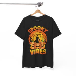 Spooky Vibes Halloween T-Shirt, Witch Pumpkin Shirt, Unisex Heavy Cotton Tee, Haunted House Graphic Top, Scary Fall Season Shirt
