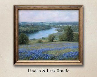 Bluebonnet-Landschaftskunst, Flussblick im texanischen Hügelland, Landhausdekor (Digitaler Download)