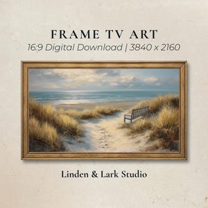 May include: A digital download of Frame TV art featuring a landscape painting of a sandy beach path with tall golden grass and a wooden bench overlooking the ocean. The text reads FRAME TV ART 16:9 Digital Download | 3840 x 2160 and Linden & Lark Studio.