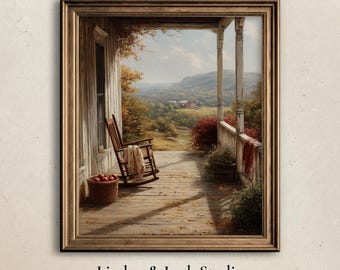 Rustic Porch Landscape Art, Autumn Countryside View with Rocking Chair, Vintage Farmhouse Cottage Decor (Digital Download)