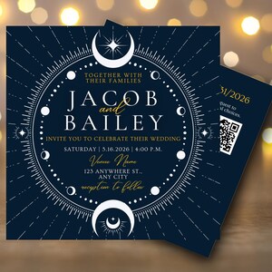 May include: Navy blue wedding invitation with white and gold text. The invitation includes the names "Jacob and Bailey", date, time, and venue details. A smaller card with a QR code is also included.