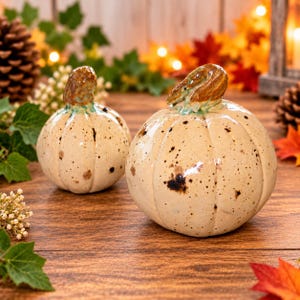 May include: Two ceramic pumpkins with a glossy off-white glaze and dark brown speckles. Each pumpkin features a sculpted, textured brown stem with subtle green accents. The pumpkins have a rounded, ribbed shape and a smooth, reflective finish.