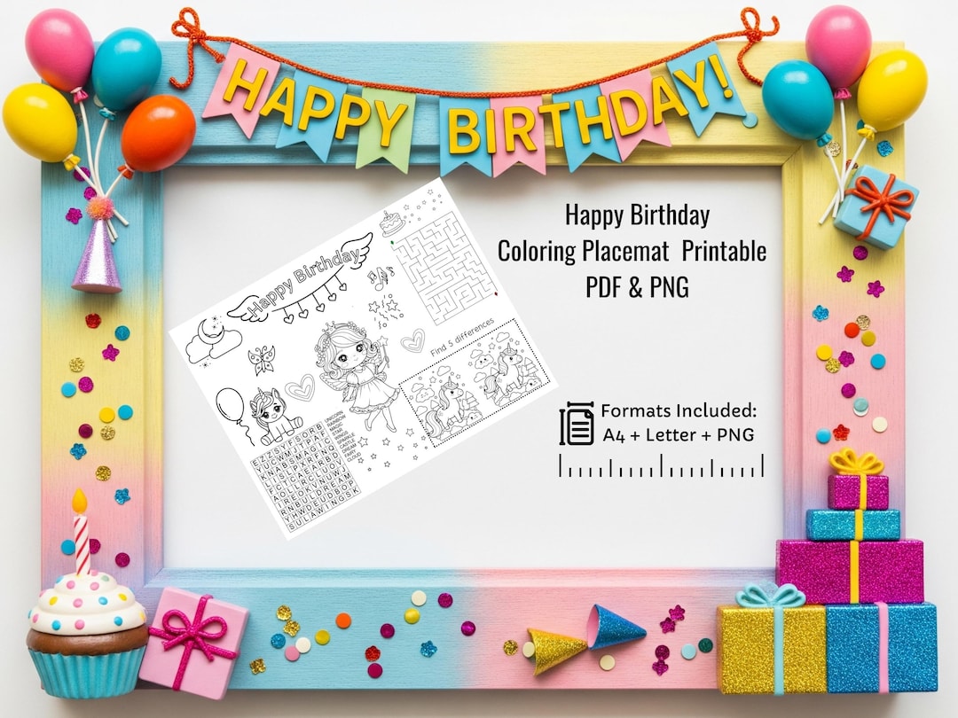 Kids Birthday Coloring Placemat | Party Activity Sheet | Printable ...