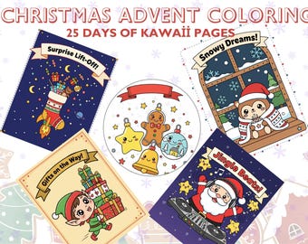 May include: A colorful Christmas Advent coloring book with the text "CHRISTMAS ADVENT COLORING 25 DAYS OF KAWAII PAGES". The image features illustrations of Christmas-themed characters and scenes, including Santa, elves, and rockets.