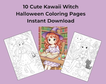 Kawaii Witch Halloween Coloring Pages | Kids Printable Activity (Digital Download)