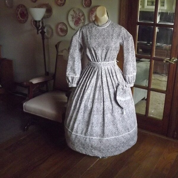 Girls Size 12 Civil War Cream Multi-Color Paisley Cotton Print Reenacting  Dress