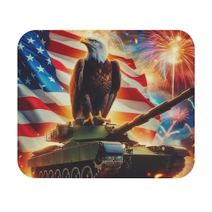 Patriotic Mouse Pad with Eagle Riding a Tank and American Flag Design, USA Pride Gift, Office Decor, Gamer Mousepad, Funny Murica Gift