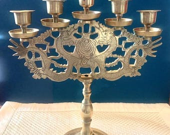 Antique brass 5 candle candelabra with dragon etching