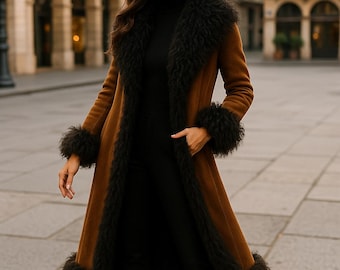 Dames Bruine Shearling Bontjas | Handgemaakte 70s Suède Leren Jas | Lange Herfst Winterjas | Gezellig Cadeau voor Haar
