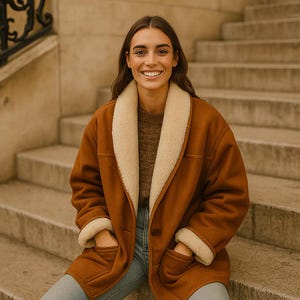 Manteau Shearling Original Années 80 | Veste Vintage en Peau de Mouton Marron | Shearling Oversize Femme | Long Manteau Caramel | Cadeau pour Elle, shearling coat vintage, brown sheepskin jacket, oversized winter coat women, caramel shearling coat, shearling coat outfit, sheepskin bomber jacket, authentic shearling women, classic shearling coat, shearling outerwear women, vintage shearling coat women, 80s shearling sheepskin