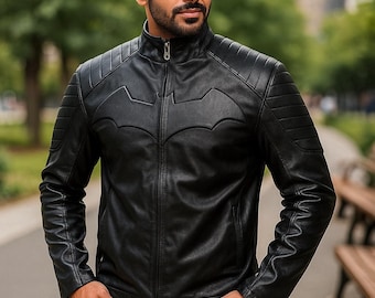 Heren Zwarte Batman Leren Jas | Handgemaakte Schapenvacht Bikerjas | Superheld Cosplay Jas & Streetwear Cadeau voor Hem