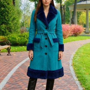 Handmade Indigo Sheepskin Suede Trench Coat: Shearling Lined Fur Collar