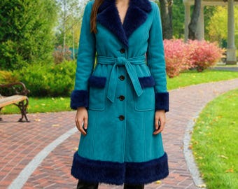 Handmade Indigo Sheepskin Suede Trench Coat: Shearling Lined Fur Collar