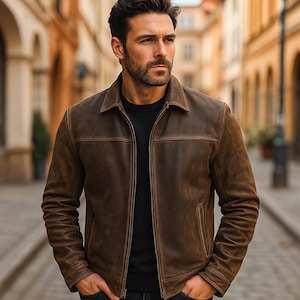 Veste Cuir Motard Homme – Cuir D’agneau Vieilli, Marron Bicolore, Fait Main, Nombreuses Tailles