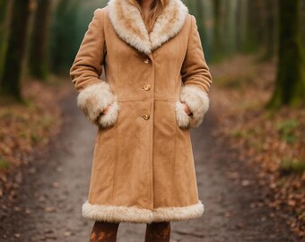 Dames Bruine Suède Shearling Jas | Handgemaakte Toscana Boho Bontjas | Lange Winterjas met Bontkraag | Gezellig Cadeau
