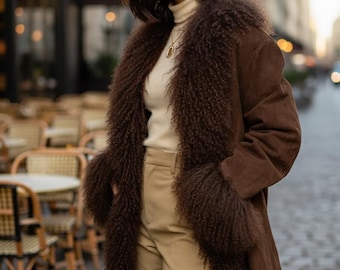 Abrigo Penny Lane vintage años 70 mujer | Abrigo afgano de ante marrón con forro de piel | Abrigo largo de invierno boho con piel mongola