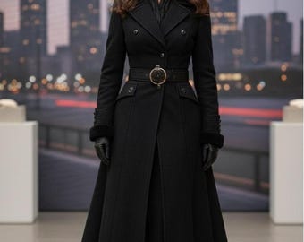 Geïnspireerd door Victoriaanse Gotische Elegantie: Lange Zwarte Suède Damestrench met Hoge Kraag Winterovercoat