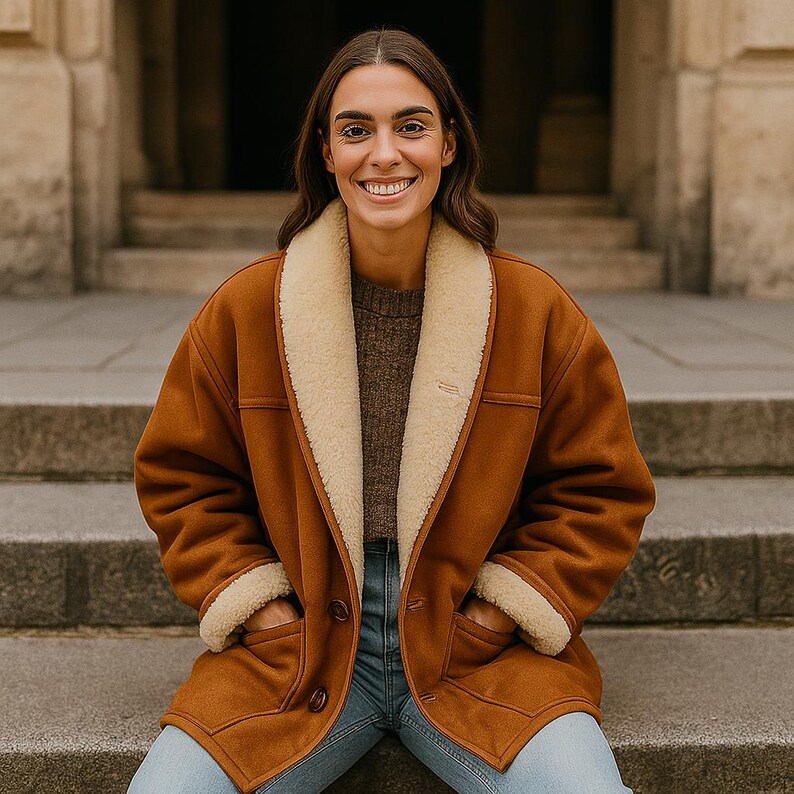 Casaco Shearling Original Anos 80 | Jaqueta Vintage de Pele de Carneiro Marrom | Shearling Oversized Feminino | Casaco Longo Caramelo | Presente para Ela, genuine shearling jacket, real sheepskin coat, handmade shearling coat, suede leather coat women, authentic shearling coat, natural shearling jacket, brown suede coat women, real leather shearling coat, sheepskin outerwear women, warm shearling coat, shearling coat outfit, winter shearling fashion, chic shearling coat