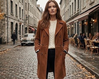 Dames Handgemaakte Bruine Suède Leren Jas | Lange Vintage Trenchcoat | Winter Bovenkleding | Cadeau Voor Haar