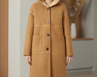 Dames lange bruine shearling schapenvacht jas | Warme winterjas | Cadeau voor haar