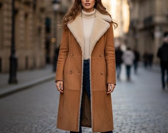 Abrigo Penny Lane marrón mujer | Trench artesanal de cuero gamuzado | Abrigo vintage cruzado con ribete de piel