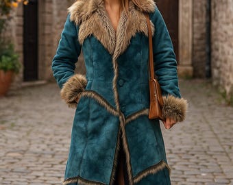 Abrigo Mujer Azul Suede Shearling | Trench Largo de Lujo con Cuello de Piel Real | Abrigo Vintage Invierno Regalo