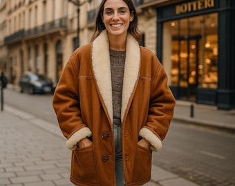 Vintage 80s Suede Shearling Coat | Oversized Caramel Jacket