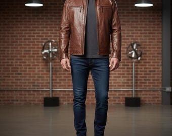 Handgemaakte bruine leren jas van schapenvacht | Vintage stijl | Echte leren winterjas | Cadeau voor hem