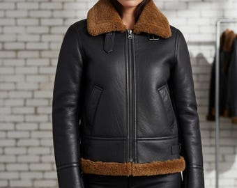 Zwarte Dames Sheepskin Leren Jas | Echt Leer Handgemaakt | Vintage Winterjas | Cadeau voor Haar
