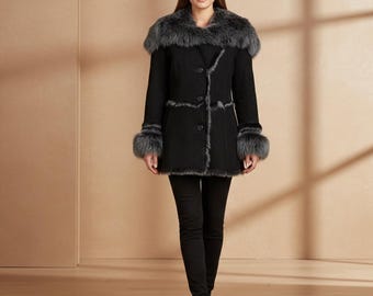 Vintage jaren 70 suède zwarte Afghaanse jas | Handgemaakte shearling bontkraag | Warme winterjas | Cadeau voor haar