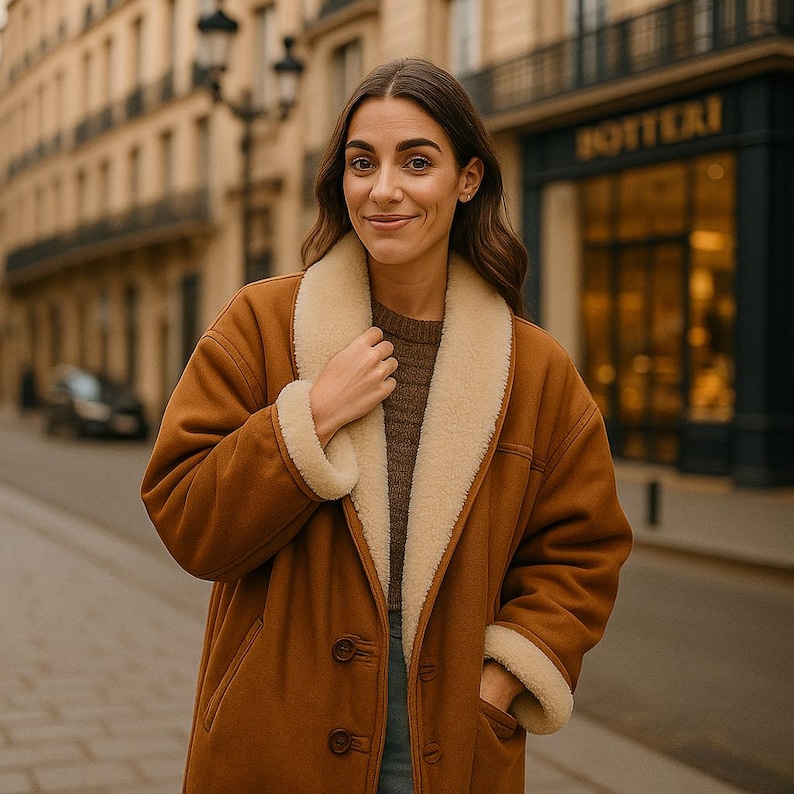 Cappotto Shearling Originale Anni 80 | Giacca Vintage in Pelle di Pecora Marrone | Shearling Oversize Donna | Lungo Cappotto Caramello | Regalo per Lei, 80s shearling coat, vintage shearling jacket, retro shearling fashion, shearling coat womens, vintage sheepskin coat, shearling trench coat, shearling bomber jacket, 80s leather coat women, vintage winter coat women, oversized shearling coat, genuine shearling jacket, real sheepskin coat, handmade shearling coat, suede leather coat women