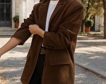 Blazer Mujer de Ante | Abrigo Marrón Minimalista Hecho a Mano | Chaqueta Retro 90s de Ante Suave | Regalo de Otoño para Ella