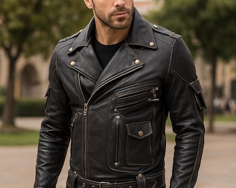 Heren Zwarte Echtleren Bikerjas | Handgemaakte Motorjas | Slim Fit Moto Stijl Echtleder Jas Cadeau