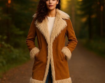 Vintage 70s Shearling Coat – Handmade Brown Suede Afghan Style