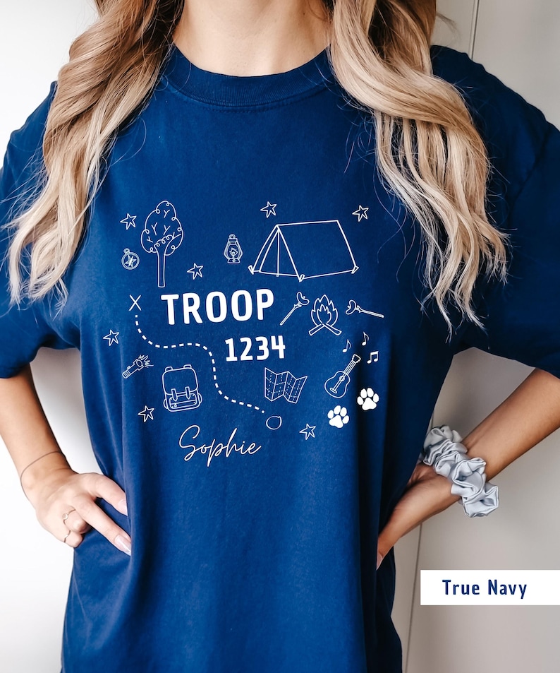 Personalized Troop Camping Shirt, Girl Scout Troop T-Shirt, Matching Camp T-Shirt, Girl Scout Camp Shirt, Camping Doodles Graphic T-Shirt image 2
