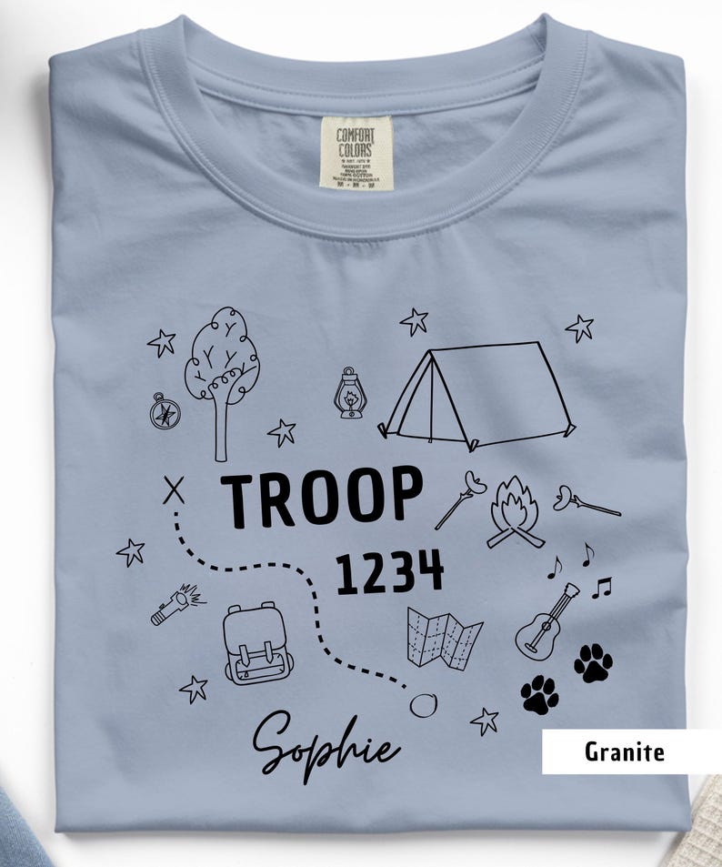 Personalized Troop Camping Shirt, Girl Scout Troop T-Shirt, Matching Camp T-Shirt, Girl Scout Camp Shirt, Camping Doodles Graphic T-Shirt Bild 3