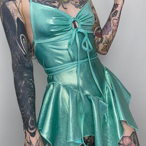 Handmade mint metallic cheeky Fairy Dress – Pointed Hem, Tie-Up Top, Festival Outfit.
