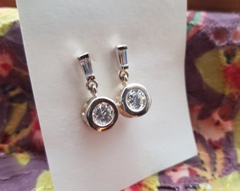 1980s Petite Clip On Earrings Dainty Vintage Clear and Blue Cubic Zirconia Clip Earrings
