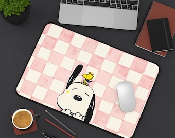 Snoopy Woodstock Pink Checkerboard Desk Mat | Peanuts Neoprene Mousepad