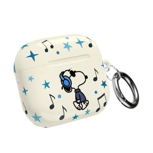 May include: Cream-coloured AirPods case with a Snoopy cartoon character wearing headphones and sunglasses. The case is decorated with blue stars and musical notes, and has a silver carabiner clip.