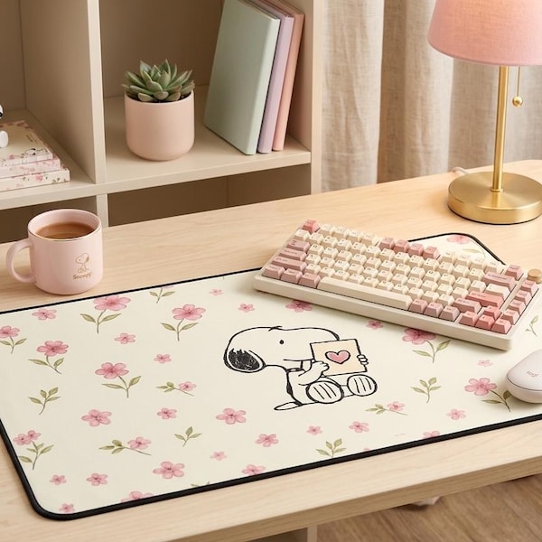 Uroczy Snoopy z sercem na biurku | Podkładka pod mysz z motywem różowej wiśni i kwiatów | Uroczy pastelowy wystrój miejsca pracy