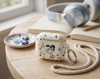 Custom Snoopy Headphones Music Pattern AirPod Case | Customizable, Blue Stars & Notes