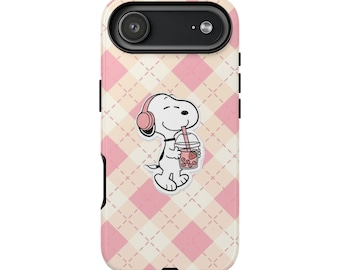 Snoopy with Bubble Tea phone case | pink argyle tough case