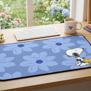 Snoopy and Woodstock Aesthetic Blue Desk Mat – Cute Aesthetic Floral Desk Mat– Soft Pastel Office Decor – Kawaii Desk Setup Gift for Her